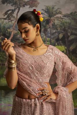 mauve net embroidered lehenga choli with dupatta 2