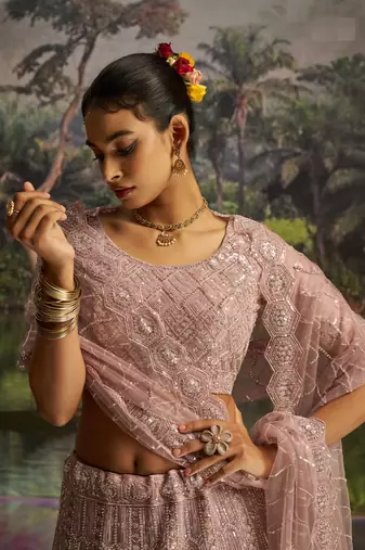mauve net embroidered lehenga choli with dupatta