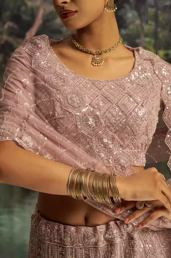 mauve net embroidered lehenga choli with dupatta