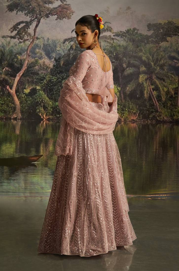 mauve net embroidered lehenga choli with dupatta