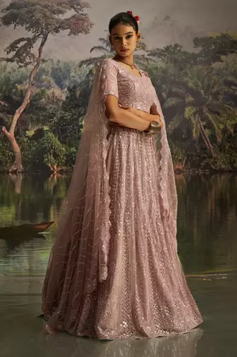 mauve net embroidered lehenga choli with dupatta