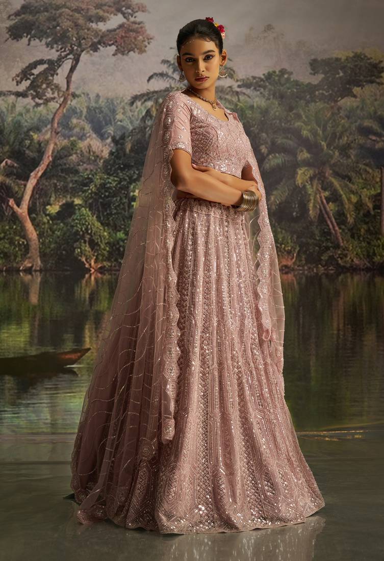 mauve net embroidered lehenga choli with dupatta