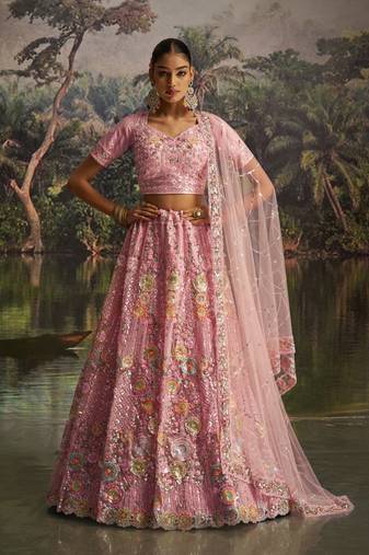pink net embroidered lehenga choli with dupatta