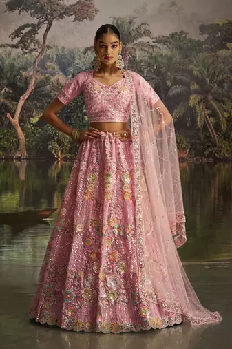 pink net embroidered lehenga choli with dupatta