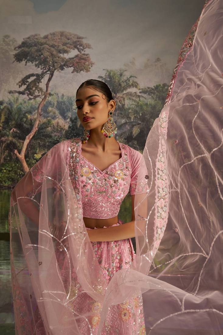 pink net embroidered lehenga choli with dupatta