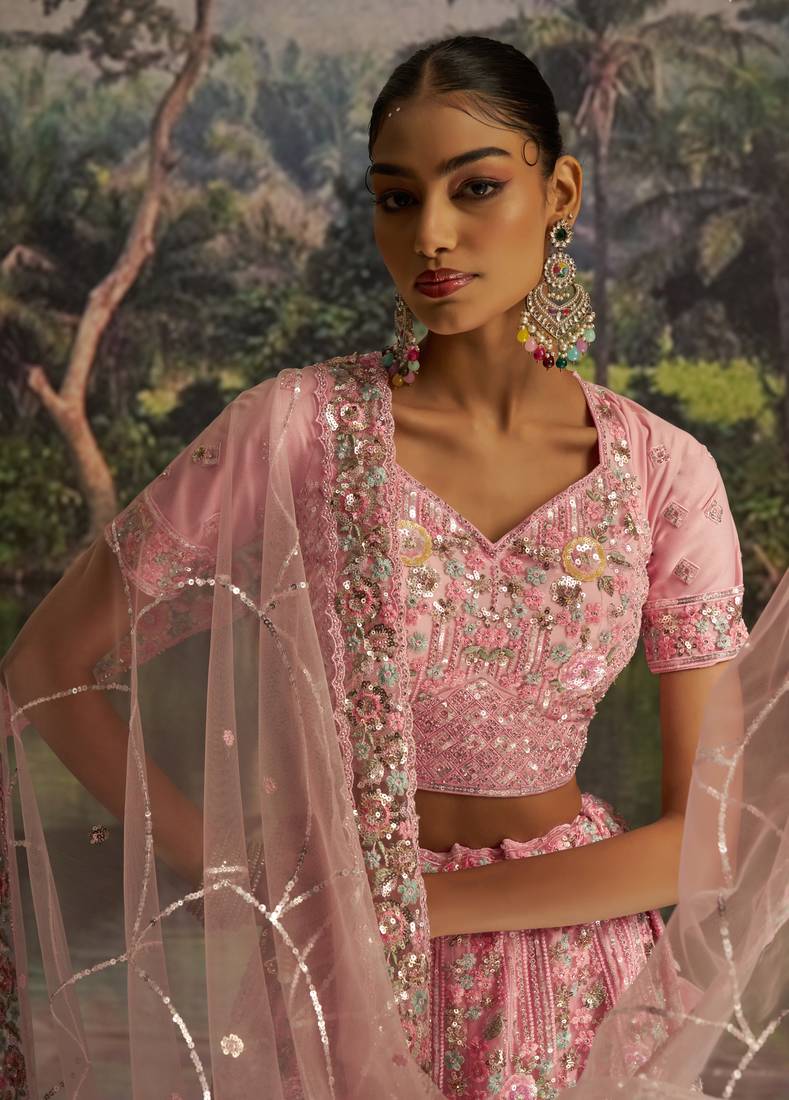 pink net embroidered lehenga choli with dupatta
