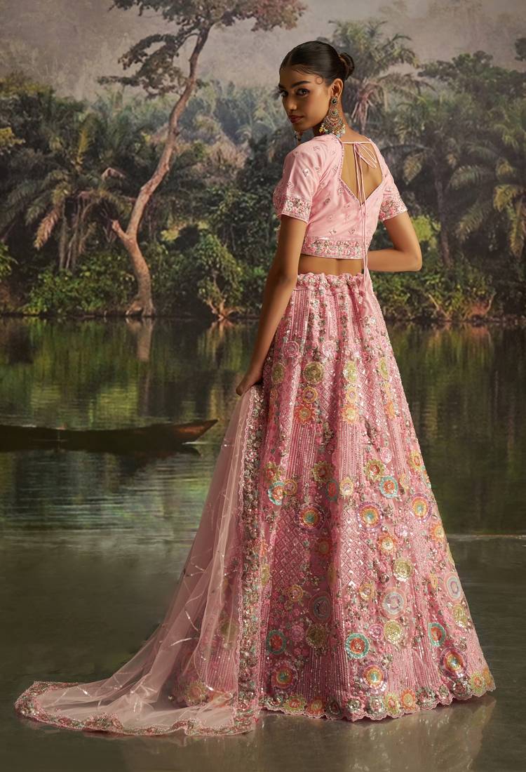 pink net embroidered lehenga choli with dupatta