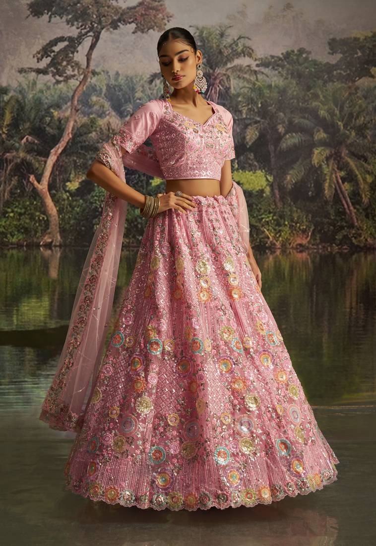 pink net embroidered lehenga choli with dupatta