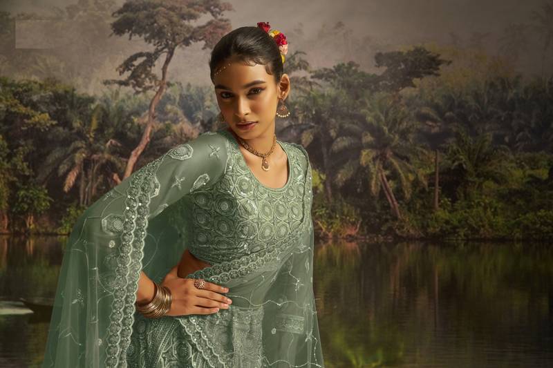 green net embroidered lehenga choli with dupatta