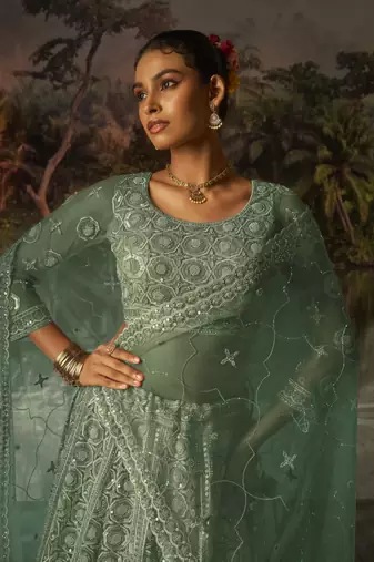 green net embroidered lehenga choli with dupatta