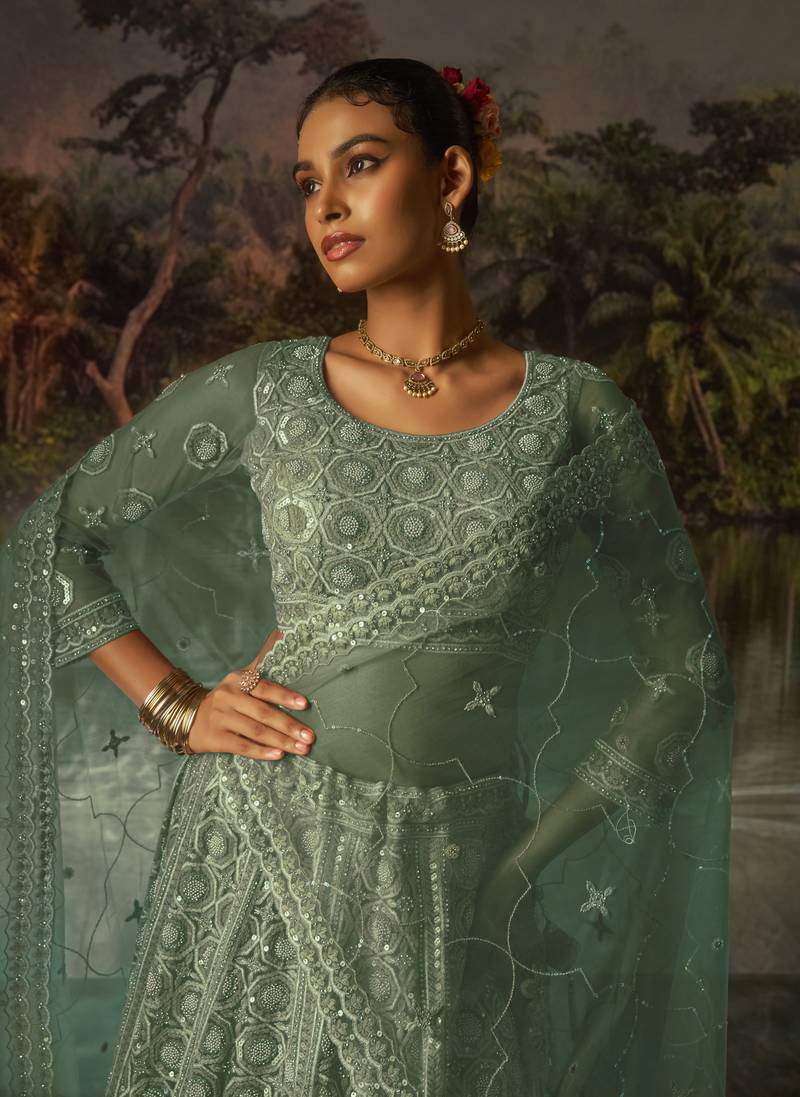 green net embroidered lehenga choli with dupatta