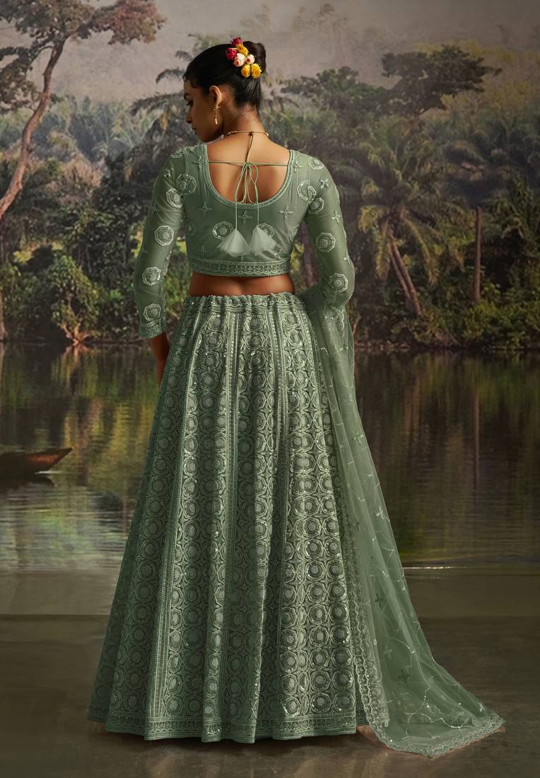 green net embroidered lehenga choli with dupatta