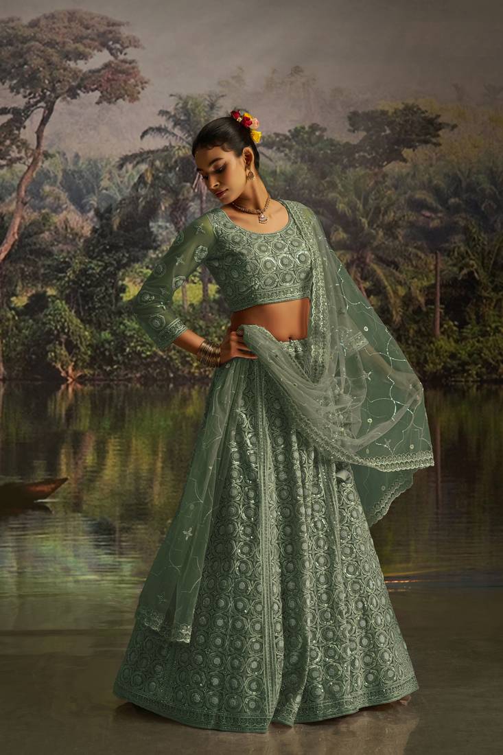 green net embroidered lehenga choli with dupatta