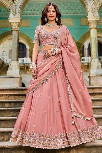 pink embroidered crush lehenga set choli with dupatta