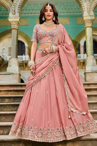 pink embroidered crush lehenga set choli with dupatta