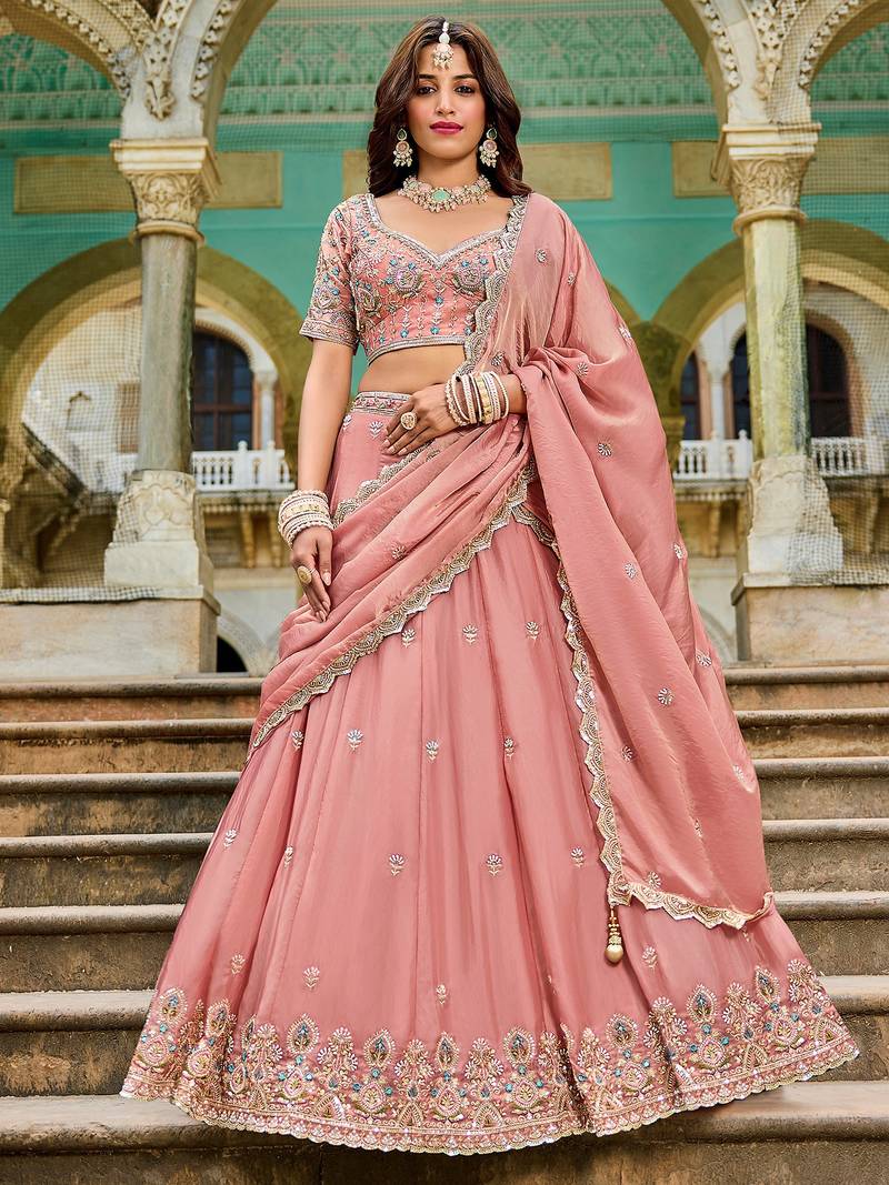 pink embroidered crush lehenga set choli with dupatta