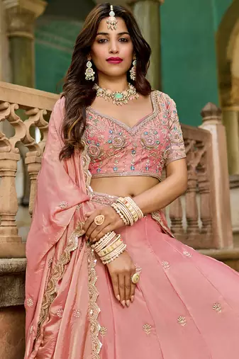 pink embroidered crush lehenga set choli with dupatta