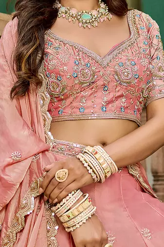 pink embroidered crush lehenga set choli with dupatta