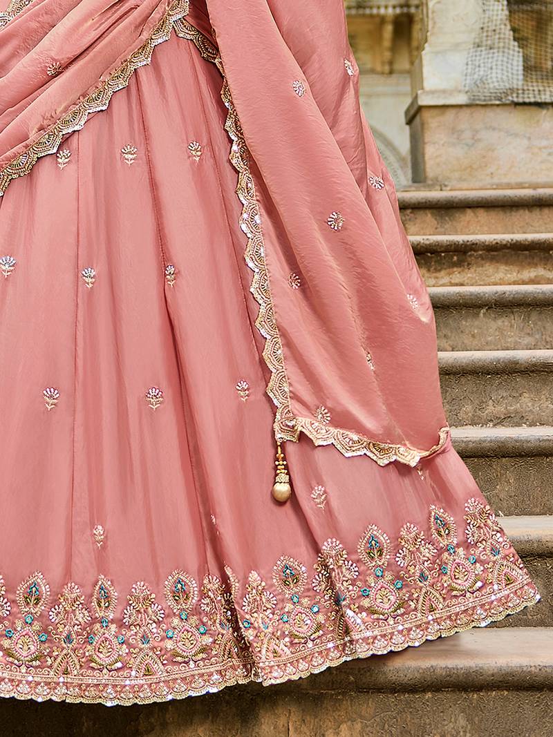 pink embroidered crush lehenga set choli with dupatta