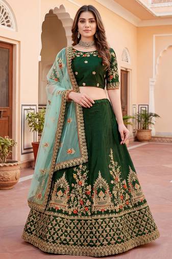  green thread embroidered silk lehenga set choli with dupatta
