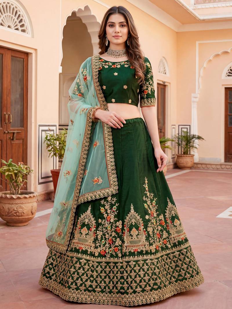  green thread embroidered silk lehenga set choli with dupatta