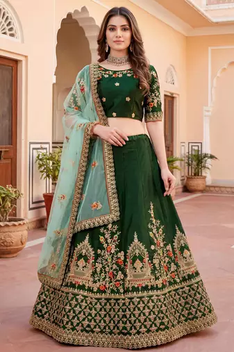  green thread embroidered silk lehenga set choli with dupatta