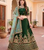  green thread embroidered silk lehenga set choli with dupatta