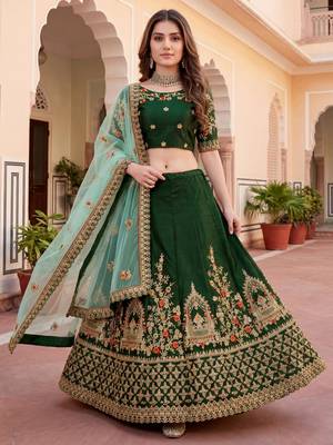  green thread embroidered silk lehenga set choli with dupatta 2