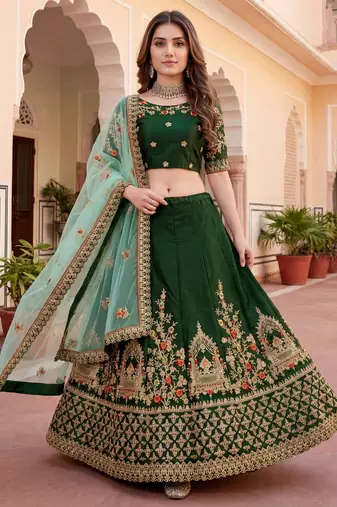  green thread embroidered silk lehenga set choli with dupatta