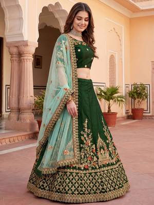  green thread embroidered silk lehenga set choli with dupatta 3