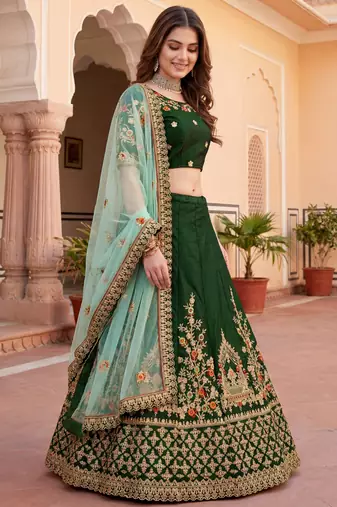  green thread embroidered silk lehenga set choli with dupatta