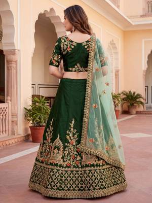  green thread embroidered silk lehenga set choli with dupatta 5