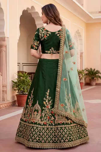  green thread embroidered silk lehenga set choli with dupatta
