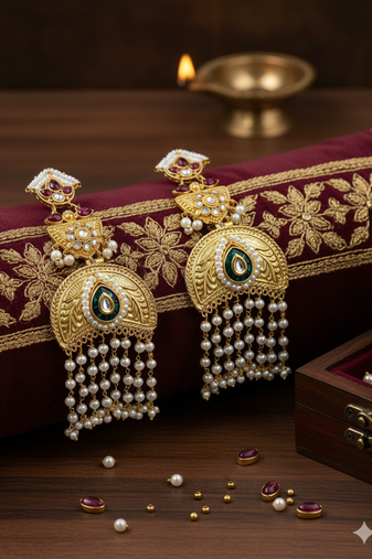 Gold plated kundan temple earrings with pearl tassels & multi stone