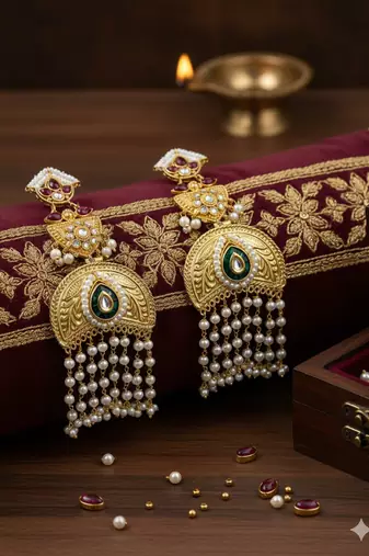 Gold plated kundan temple earrings with pearl tassels & multi stone
