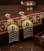 Gold plated kundan temple earrings with pearl tassels & multi stone