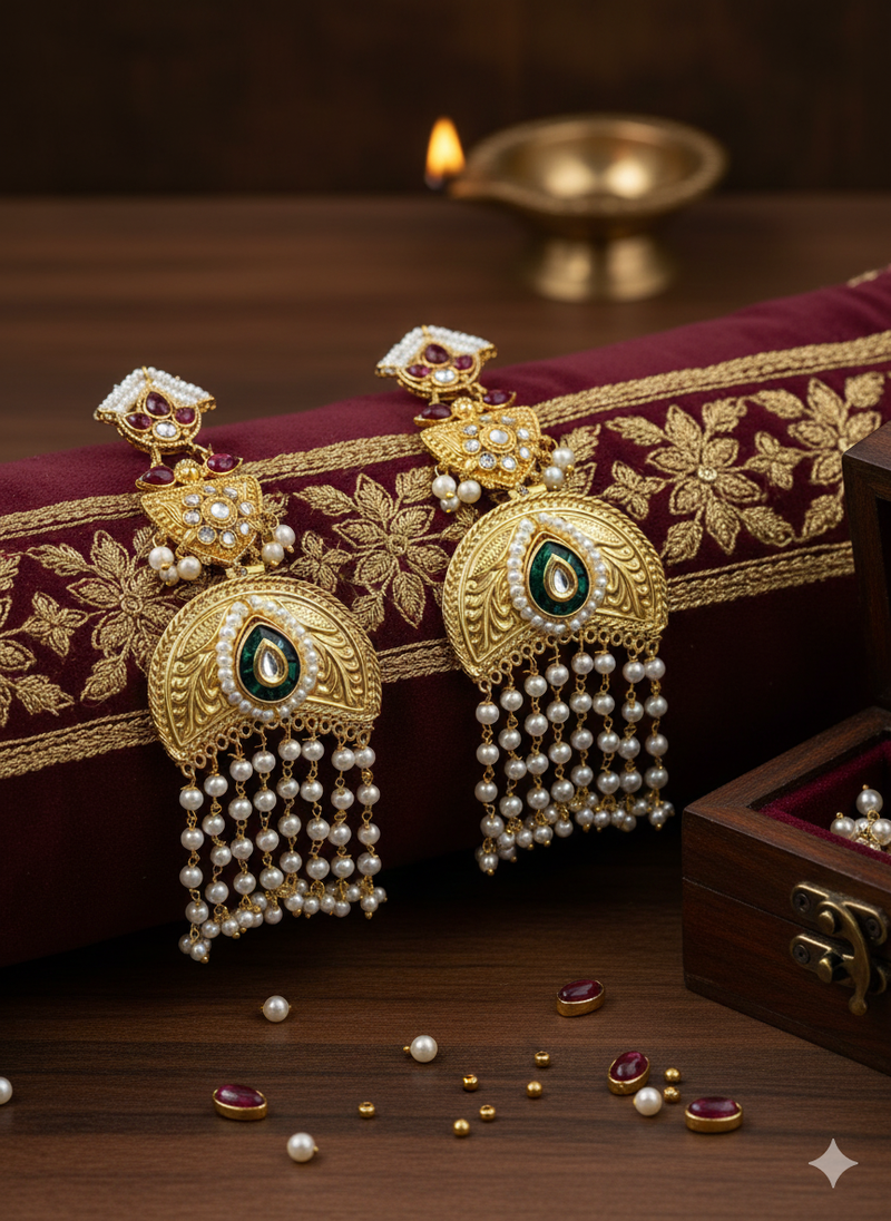 Gold plated kundan temple earrings with pearl tassels & multi stone