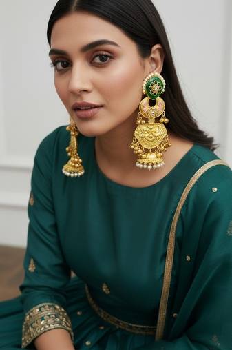 Gold plated kashmiri jhumka earrings with green kundan pearl drops & antique finish
