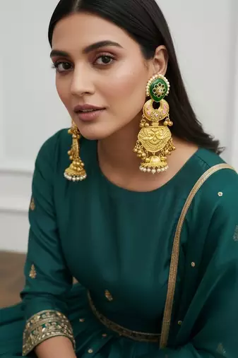 Gold plated kashmiri jhumka earrings with green kundan pearl drops & antique finish