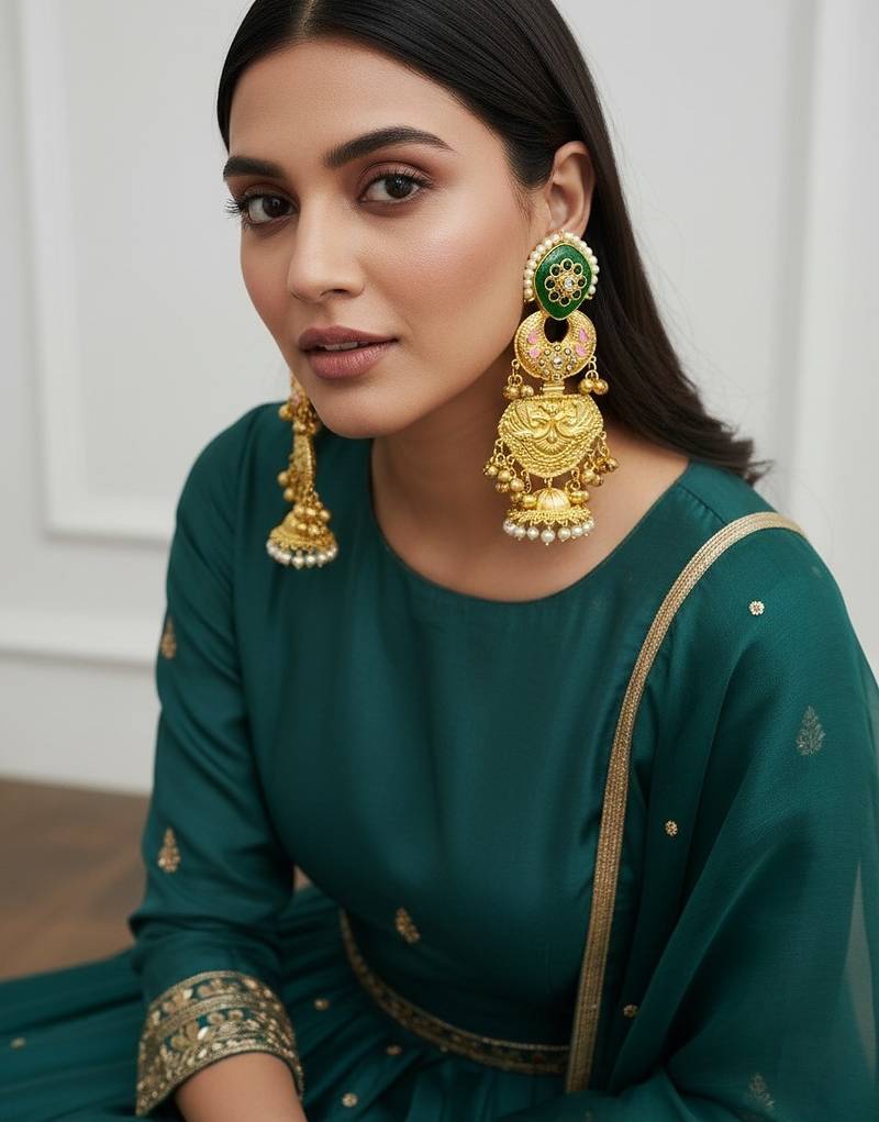 Gold plated kashmiri jhumka earrings with green kundan pearl drops & antique finish