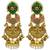 Gold plated kashmiri jhumka earrings with green kundan pearl drops & antique finish