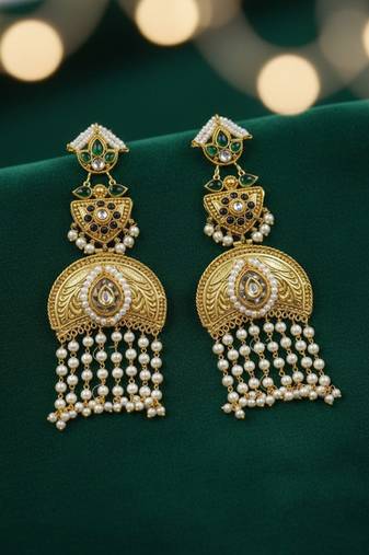 Gold plated kundan temple earrings with pearl tassels & green stone