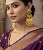 Gold plated kashmiri jhumka earrings with yellow kundan pearl drops & antique finish