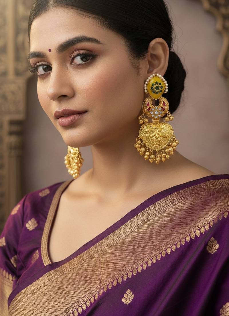 Gold plated kashmiri jhumka earrings with yellow kundan pearl drops & antique finish