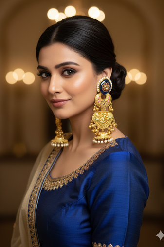 Gold plated kashmiri jhumka earrings with blue kundan pearl drops & antique finish
