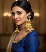 Gold plated kashmiri jhumka earrings with blue kundan pearl drops & antique finish