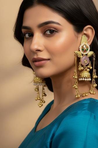 Gold plated kashmiri kundan pearl jhumka earrings with pink stone & chain