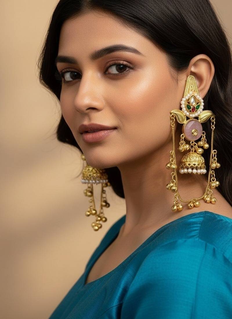 Gold plated kashmiri kundan pearl jhumka earrings with pink stone & chain