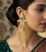 Gold plated kashmiri kundan pearl jhumka earrings with grey stone & chain