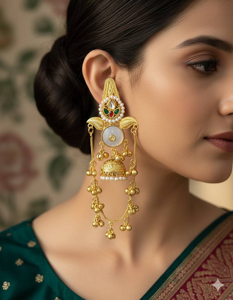 Gold plated kashmiri kundan pearl jhumka earrings with grey stone & chain